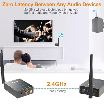 1Mii 2.4Ghz Wireless Audio Transmitter Receiver Set (1 TX + 1 RX) for TV | 320FT Long Range 20ms Low Delay HiFi Audio w/RCA(3.5mm AUX) Out/In, Wireless Adapter Kit for Powered Speaker/Stereo/Soundbar - size: 2 in 1