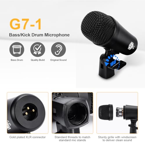 W IN-MIX G7 7-Piece Drum Mic Kit – All-Metal Construction with XLR Outputs, Dynamic Mics for Kick, Snare, Toms & Condenser Overheads for Studio Recording & Live Performance