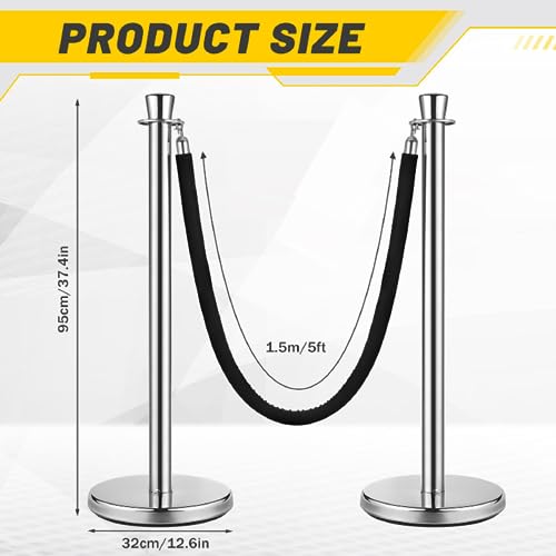 Wesiti 6 Pcs Stainless Steel Stanchion Post Queue with Crown Top 5 ft and 3 Pcs Velvet Rope and Poles Crowd Control Barriers Sand Injection Hollow Base and Velvet Ropes Set for Party (Silver, Black) - color: Silver, Black