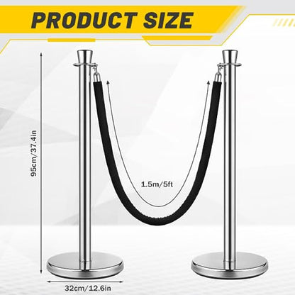Wesiti 6 Pcs Stainless Steel Stanchion Post Queue with Crown Top 5 ft and 3 Pcs Velvet Rope and Poles Crowd Control Barriers Sand Injection Hollow Base and Velvet Ropes Set for Party (Silver, Black) - color: Silver, Black