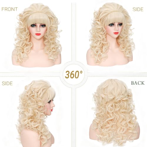 80s Long Curly Vintage Cosplay Wig with Bang Perfect for Women 60s 70s Disco Party or Queens Cosplay Halloween costume Party (Blonde)