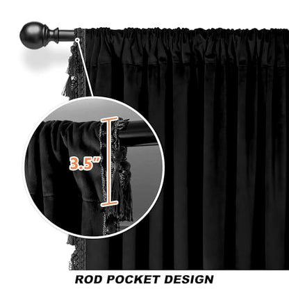Fazhesici Black Velvet Blackout Curtain, Rod Pocket 2 Panels, 52”W x 120”H | Velvet Drapes with Tassels, Thermal Soundproof Blackout Curtains for Living Room - color: Black, size: 52"W x 120"L (Pack of 2)