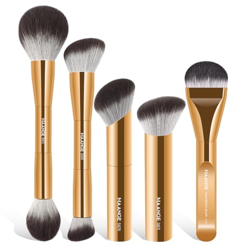 MAANGE 5 PCS Foundation Makeup Brush Set Double-ended Kabuki Mask Contour Brush for Liquid Powder Concealer Cream Cosmetics Blending Makeup Brushes (Gold) - color: Gold - 5Pcs