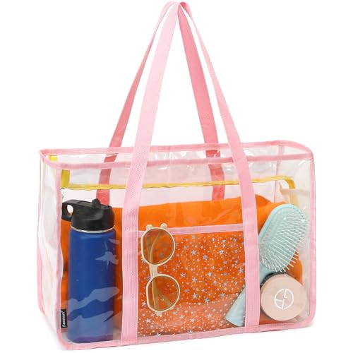 Fammart Clear Beach Bag for Women, Large Pool Tote Cruise Vacation Essentials - Zipper Closure, Waterproof, Sandproof - color: Pink