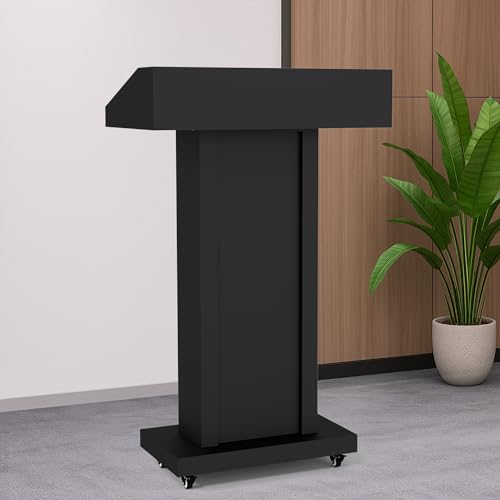 GARVIN Podium Stand with 4 Lockable Wheels, Heavy-Duty Metal Lecterns & Podiums with Hidden Storage, 46.5”H Portable Pulpit for Church, School, Office and Conference, Black - color: Black-03