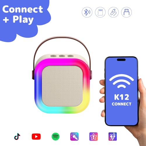 Karaoke Machine for Kids Adults, Mini Karaoke Machine with 2 Wireless Microphones, Portable Bluetooth Speaker with Voice Changing Effects & LED Lights, Best Gifts Toys for Girls and Boys - color: Beige
