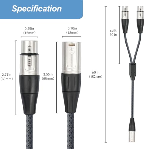 XLR Splitter Cable, Devianl XLR y Splitter 2 Female to 1 Male, Balanced Dual Female to Male Microphone Cord Adapter Combiner, 5 FT - color: 5FT/ 1 Pack