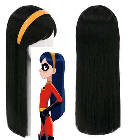 Topcosplay Girls Kids Wigs Black Long Straight Cosplay Halloween Costumes Party Wig with Headband(1849) - color: Black Straight