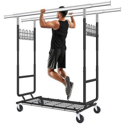 Gewudraw Clothes Rack Heavy Duty Load 900 Lbs With Wheels, Double Rod,Black | Rolling Clothing Rack, Adjustable Height, Extendable Rod, Portable, Collapsible, Shelf, Hooks,for Wardrobe,Bedroom,Commercial - color: Black, style: Double Rod