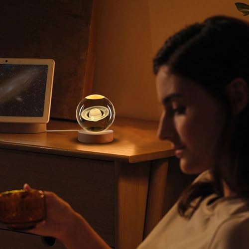 Flexzion 3D Saturn Crystal Ball Night Light - LED Light Hologram Glass Lamp with Solid Wood Base, USB Powered Crystal Ball Lamp with Adjustable Brightness for Home Decor Display Gift, 2.4inch(60mm) | Saturn Lamp with Solid Beech Wood Base and Adjustable B