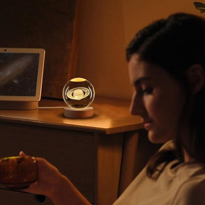 Flexzion 3D Saturn Crystal Ball Night Light - LED Light Hologram Glass Lamp with Solid Wood Base, USB Powered Crystal Ball Lamp with Adjustable Brightness for Home Decor Display Gift, 2.4inch(60mm) | Saturn Lamp with Solid Beech Wood Base and Adjustable B