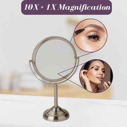 JERDON 6" Tabletop Makeup Mirror - 10X Magnification - Nickel - JP910NB | Two-Sided Swivel Design, 11" Tall, Portable - color: Nickel