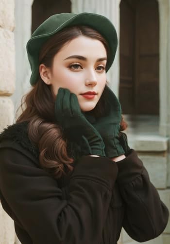 FURPHI Medieval Tudor Flat Cap Faux Suede Beret Hat Renaissance Festival Costume Accessories for Men Women - color: Green