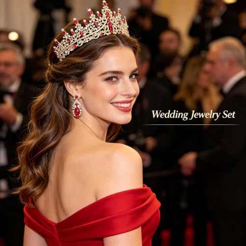 Tiaras Crowns for Women,Wedding Jewelry Set, Tiaras Necklace Earrings Crystal Bridal Wedding Jewelry Sets for Brides Bridesmaid Prom Costume Accessories - color: Gold Red