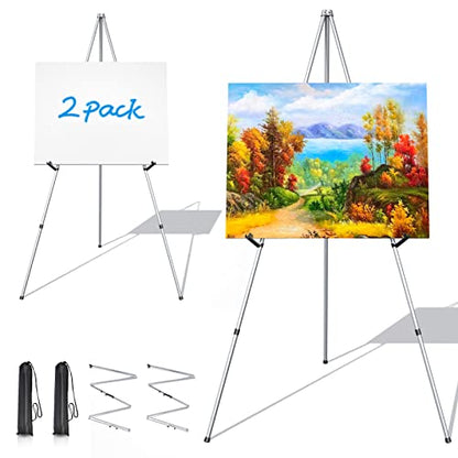 Portable Art Easel Stand 63 Inches - Picture Stands for Display w/Bag - Tabletop Art Easel Stand for Sign, Wedding Signs, Poster Stand, Painting Canvas Stand - Metal Tripod, Easels for Display, 2 Pack - style: 63 Inch Argent Silver (2 pack)