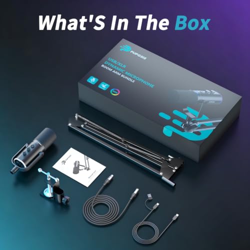 XLR/USB Dynamic Podcast Microphone for Streaming/Recording/Gaming | Mute Button, Reverb Effects, Noise Cancellation, RGB Light Boom Arm Stand, Headphones Jack,SNR>85dB - size: With Boom Arm