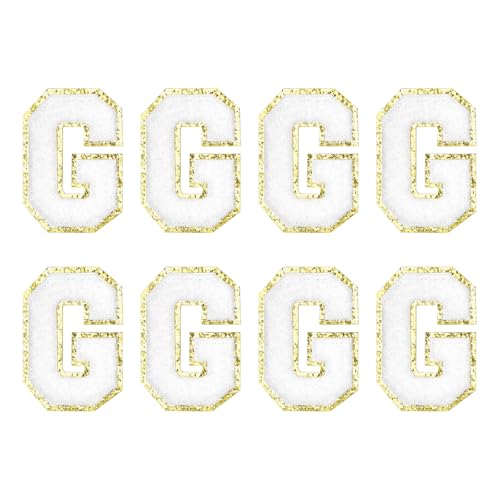 MECCANIXITY Chenille Letter Patches 2.2" Self Adhesive Alphabet G Stick on Embroidered Patch Sew on Letter Stickers Applique for Repairing Clothing Jeans Shoes Hats DIY(White, Pack of 8) - style: Letter G