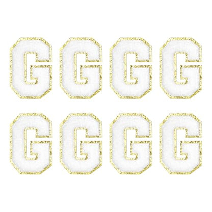 MECCANIXITY Chenille Letter Patches 2.2" Self Adhesive Alphabet G Stick on Embroidered Patch Sew on Letter Stickers Applique for Repairing Clothing Jeans Shoes Hats DIY(White, Pack of 8) - style: Letter G