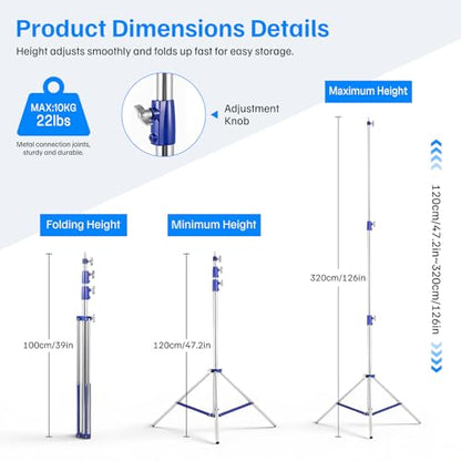 Heavy Duty Light Stand for Photography, 10.5ft/320cm Adjustable Tripod | Spring Cushioned Light Stand with 1/4" - 3/8" Screw, for Softbox, Ring Light, LED Panel, Cameras, 22lb Capacity, 2 Pack - size: 2 pack 10.5ft