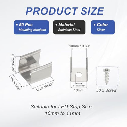 PATIKIL LED Strip Clips, 50pcs Stainless Steel Mounting Brackets Fixing Clip Clamp Support Holder with Screws for 10mm to 11mm LED Strip Lighting Cable - size: 10mm to 11mm