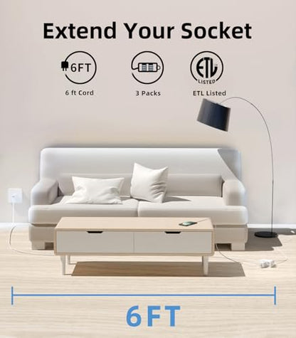 TiFFCOFiO Indoor Extension Cord, 2 Prong 6 Feet Extension Cord, 3 Polarized Outlets with Safety Slide Windows,13A/1625W, 16 AWG, 2 Packs - size: 6FT 2 Packs