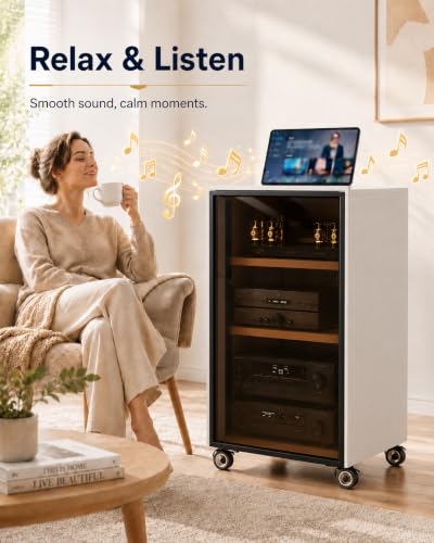 4-Tier White Media Cabinet with Glass Door & Adjustable Shelves | 198 lb Capacity, Clear Tempered Glass with Metal Frame, Ventilated Design, Cable Management, and Locking Caster Wheels - color: White, size: 4-tier