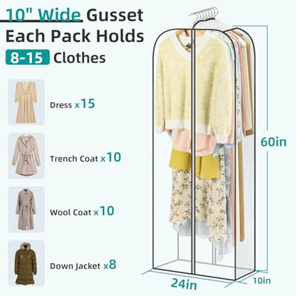LANDNEOO 6 Pack Clear Garment Bags for Hanging Clothes with Zippers on Double Sides - 10'' Clothes Storage for Coat, Dress, and Fur in Closet - 60'' Long Suit Bags - size: 60 inch