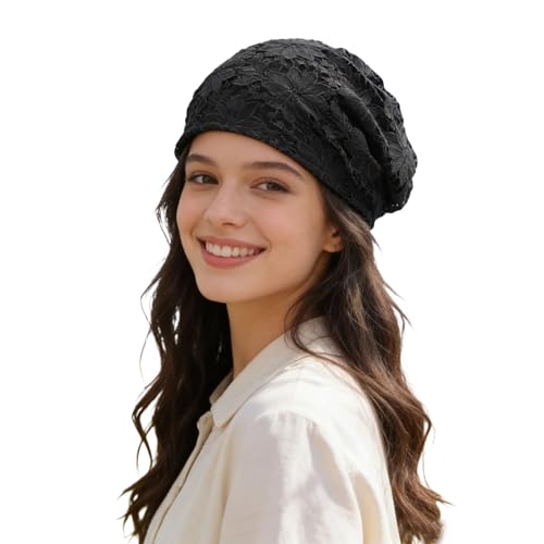 Crochet Slouchy Beanie Hat Handmade Knit Slouchy Floral Skull Hat Cutout Hats for Women Lightweight Knitted - color: F-black