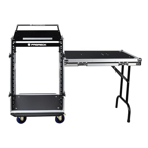 PRORECK 16U Rack/Road Case with Slant Mixer Top, One Side Table and Casters, 20'' Rackable Depth, Plywood, 16U Installation Size, Pro Stage Performance - size: 16U/Side Table