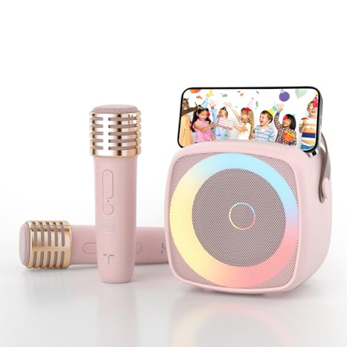 Voice Changer Karaoke Machine with 2 Microphones, Wireless Bluetooth Speaker for Home Party, Portable Mic Set for Kids Adults, Dynamic Lights & Phone Holder - color: Pink