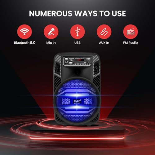 Pyle Portable Bluetooth PA Speaker System - 300W Rechargeable Outdoor Bluetooth Speaker Portable PA System w/ 8” Subwoofer 1” Tweeter, Microphone In, Party Lights, MP3/USB, Radio, Remote -PPHP835B