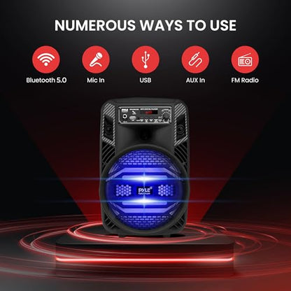 Pyle Portable Bluetooth PA Speaker System - 300W Rechargeable Outdoor Bluetooth Speaker Portable PA System w/ 8” Subwoofer 1” Tweeter, Microphone In, Party Lights, MP3/USB, Radio, Remote -PPHP835B
