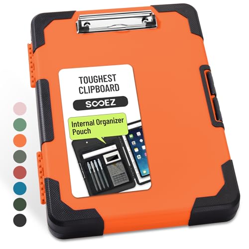 Sooez Toughest Clipboard with Storage, Internal Pen Pouch Included, Letter/ A4 Size, Shockproof Heavy Duty Plastic Clip Boards 8.5x11”, High Capacity Clipboards Box Case for Contractor Trucker Driver - color: Orange With Black Corner