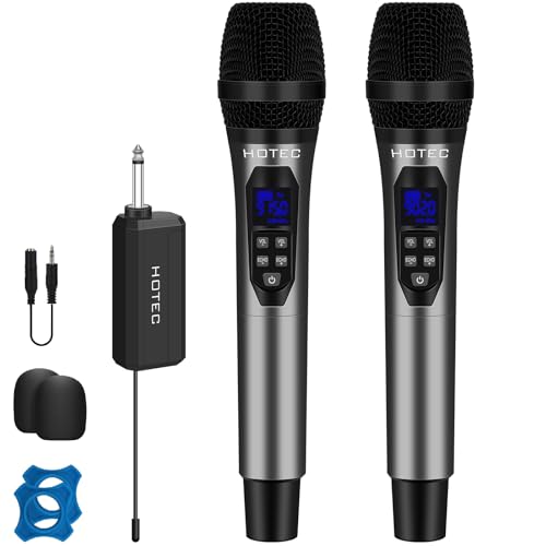 HOTEC UHF Dual Wireless Microphones, Cordless Dynamic Handheld Mics with Echo & Volume Control, Rechargeable Receiver, 160FT Range for Karaoke, PA System, Wedding, Church - color: Gray