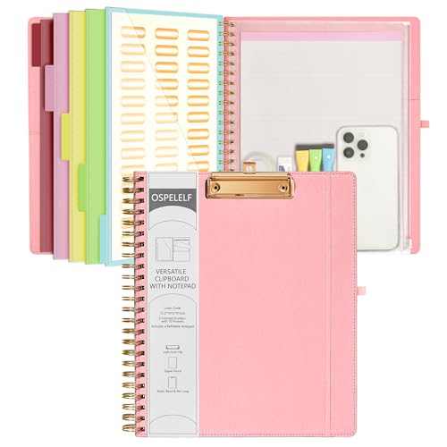 Ospelelf Pink Foldable Spiral Clipboard Folio with Storage Zipper Pouch, 5 Plastic Folders with 10 Pockets,Refillable Lined Notepad (11" x 8.5"), Hardcover Project Organizer with 39 Stickers - color: Pink