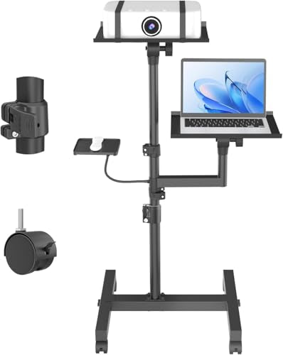 Projector Stand, 2 Shelves Mobile Laptop Cart with Adjustable 47" Height | top tray tilts 30°,4 quiet casters with 2 locks,sturdy H-beam steel frame,mouse tray included,for home,outdoor
