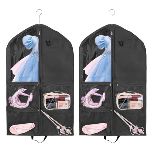 40Inch Garment Bag for Hanging Clothes, Waterproof Dance Costume Bags, Gusseted Hanging Garment Bags for Travel Storage, Kids Garment Bag, Garment Bag for Dance Competitions（Black-2 pack)