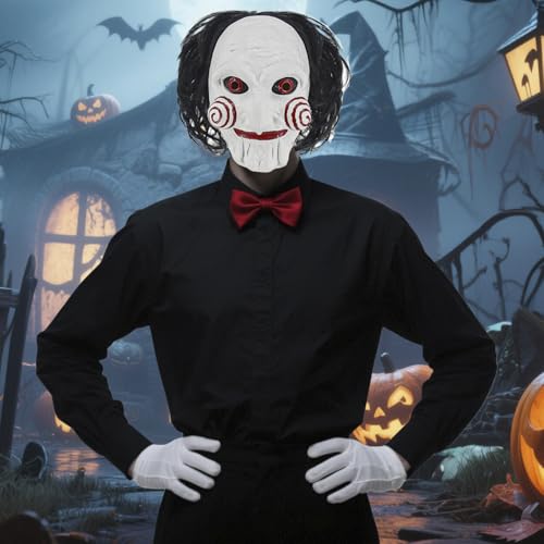 Billy Costume Mask for Men Adult Scary Halloween Costumes Horror Movie Killer Cosplay Full Head Latex Mask with Red Bow Tie and White Gloves KF021