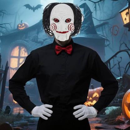 Billy Costume Mask for Men Adult Scary Halloween Costumes Horror Movie Killer Cosplay Full Head Latex Mask with Red Bow Tie and White Gloves KF021