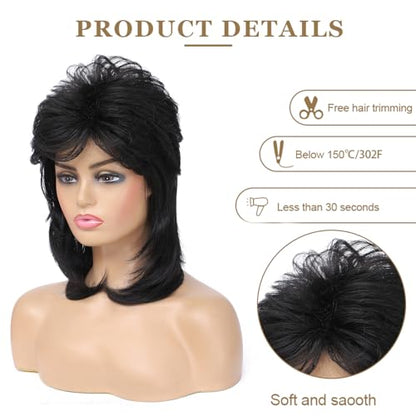 Adequate Mullet Wigs for Women, Joe Dirt,Emo Wig,80s 90s Costumes Fancy Party Accessory Cosplay Wig, Halloween Man x (Black) - color: A-Black