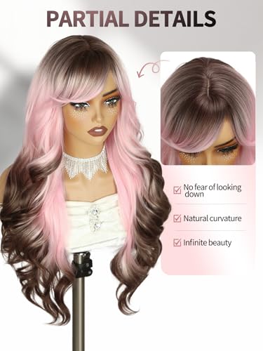 WIGER Long Wavy Wig With Bangs Pink Romantic Curly Hair With Brown Roots and Ends Synthetic Layered Curly Hair Ombre Pink Wig for Women Daily or Costumes - color: Pink Ombre Brown