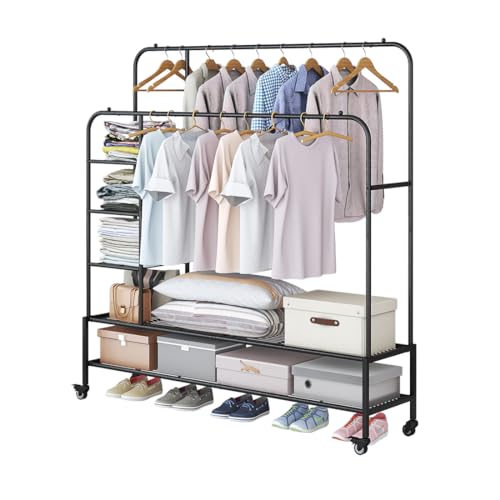 SUOERNUO Clothes Rack with Lockable Wheels Double Rods Metal Garment Racks - color: Black, size: 48.03"D x 12.99"W x 64.65"H