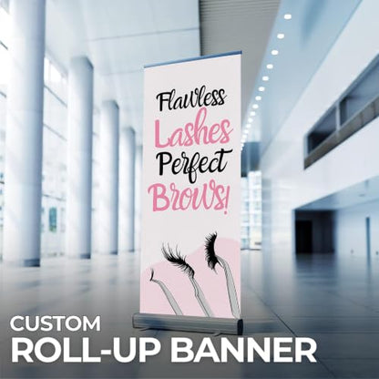 Lashes & Brows Retractable Stand Banner by DC | 33"x81" Roll-Up Display | Flawless Lashes Perfect Brows Vertical Pull-Up Banner for Trade Shows & Events | Made in USA | (Stand Not Included) - color: Flawless Lashes Perfect Brows, size: Retractable Banner