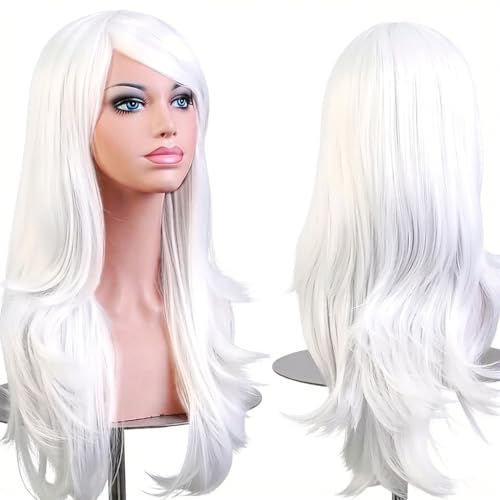 PORSMEER White Womens 26inch 70cm Long Wavy Hair Party Movie Cosplay Costume Halloween Wig - color: White