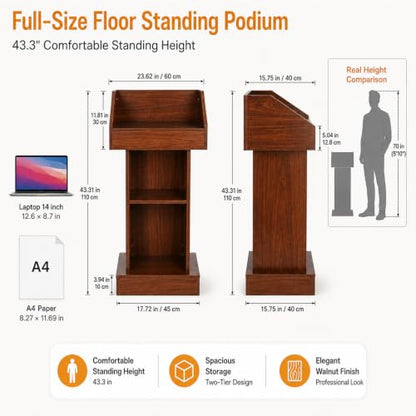 Wood Podium, Floor Standing Podium Speaking Lectern Stand, Portable Podium Stand with Storage, Wooden Podium Pulpit for Churches Classroom Office - size: Without Wheels