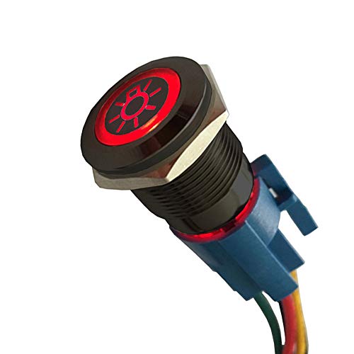 ESUPPORT 12V Car Red LED Light Headlight Push Button Metal Toggle Switch | Vehicle 19mm 5A Switches Socket Plug Wire Latching ON OFF Balck Shell - color: Red Headlight