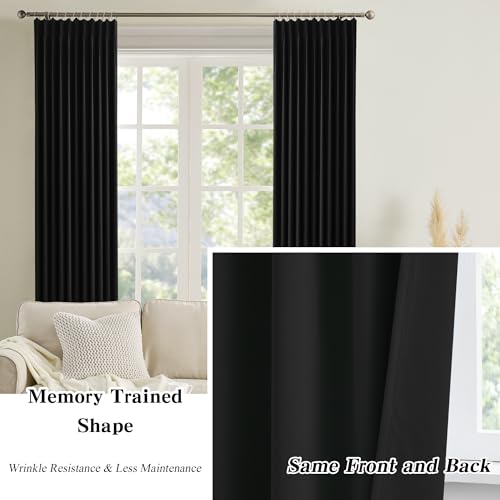 KEQIAOSUOCAI Black Curtains Blackout 102 Inches Long, Luxury Faux Silk Polyester Pinch Pleated Thermal Insulated Black Out Curtains with Hooks for Bedroom Living Room Home Office 40 x 102 - color: Black, size: 40"W x 102"L (Pack of 2)