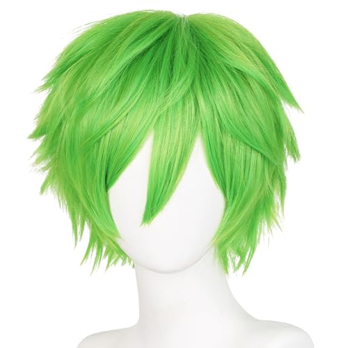 LABEAUTÉ Short Green Anime Cosplay Wig Male Men Anime Layered Unisex Heat Resistant Hair Wig with Bangs for Party and Halloween for Gift + Free Cap - color: Green