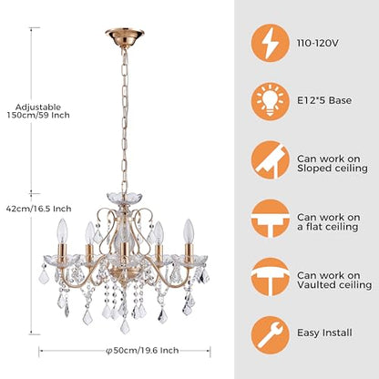 Saint Mossi 5 Light Crystal Chandelier Light Fixture, Modern Gold Crystal Pendant Light, French Gold Raindrop Chandelier for Dining Room, Bedroom,Living Room, H17 x D20 - color: French Gold 5-Light