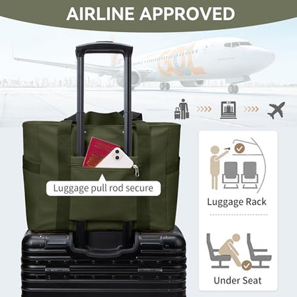 WLLWOO Large Tote Bag, 14” Laptop Work Travel Bag with Trolley Sleeve | Multi Pocket Water Splash Zipper Shoulder Handbag for Women Daily Nurse Gym Commute - color: Army Green